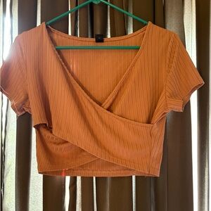 SHEIN Terracotta Ribbed Wrap Blouse